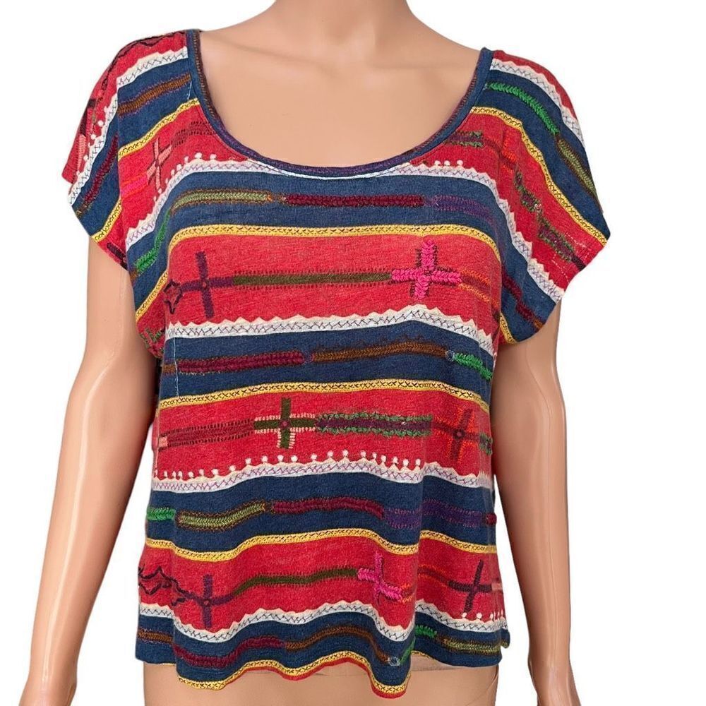 Patterson J. Kincaid womens 100% linen red blue short sleeve top t shirt size S